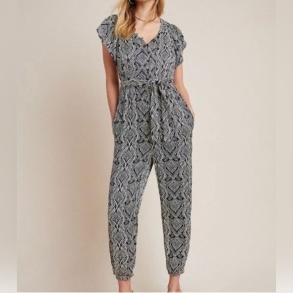 Anthropologie Zadie Boho Paisley Graphic Satin Flutter Sleeve Jumpsuit Petite 4P